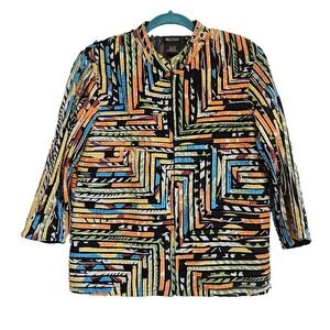 Multiples Women Rainbow Ribbon Embroidered on Black Mesh Long Sleeve Top Sz M